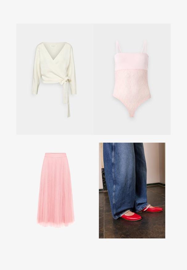 Pull blanc en tissu doux et texturé avec un design enroulé. Il possède un décolleté en V plongeant et des manches longues avec un lien à la taille.; Body en dentelle rose clair avec bretelles spaghetti et une partie supérieure lase sur un fond clair uni.; zero MIT PLIESSENDEM BECHER - Jupe plissée - bridal rose; Des ballerines en cuir rouge avec un bout arrondi et une sangle argentée. Portées avec un jean en denim bleu à jambe large, présentant un ourlet effiloché.