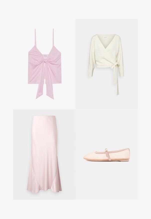 Hvit, innpakningsstil genser laget av myk, teksturert stoff. Har en dyp V-hals og lange ermer med et beltedetalj i midjen.; Rosa ermeløs topp med detalj av knute foran, med tynne stropper og en myk, glatt tekstur. Avslappet design med løs passform.; Lys rosa midiskjørt i sateng med A-formet silhuett og subtile diagonale sømdetaljer på ensfarget bakgrunn.; Lys beige flat sko med spiss tupp og en enkelt sidebuksestropp, vist på en enkel hvit bakgrunn.