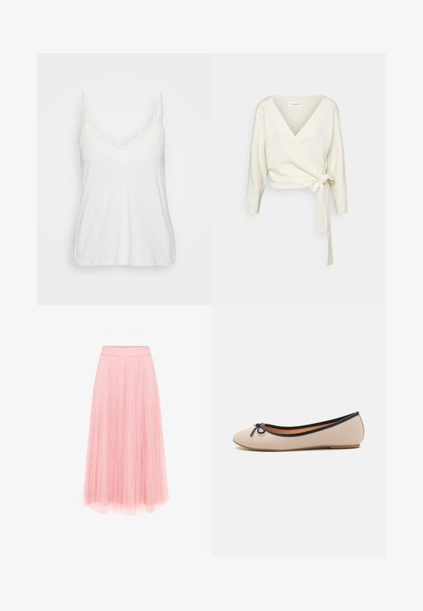 Pull blanc en tissu doux et texturé avec un design enroulé. Il possède un décolleté en V plongeant et des manches longues avec un lien à la taille.; Camisole blanche avec un décolleté en V orné d'une délicate dentelle, des bretelles fines et réglables, et un tissu doux et lisse.; zero MIT PLIESSENDEM BECHER - Jupe plissée - bridal rose; Ballerine en matériau synthétique beige avec une bordure noire. Présente un bout arrondi et un petit nœud noir en accent à l'avant. Semelle plate.
