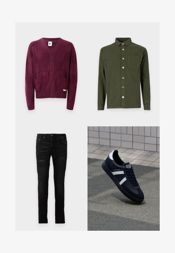 Maroon värvitud kudum, millel on V-kaelus, eesnupu rida ja kaks esist taskut. Omab tekstureeritud ruute ning soonikuid varrukatel ja alläärel.; Denim Project DPMDPSTITCH DETAIL DENIM SHIRT - Pluus - duffel bag green; Mustad mustad teksad, millel on sujuv denimitekstuur, traditsiooniline viie taskuga disain, lukuga kinnitus ja peened fade'i detailid kangal.; Must have musta sneaker musta valgete triipudega, tekstuurne kummitald ja nööridega esiosa. Omab bränditud märki keele peal.