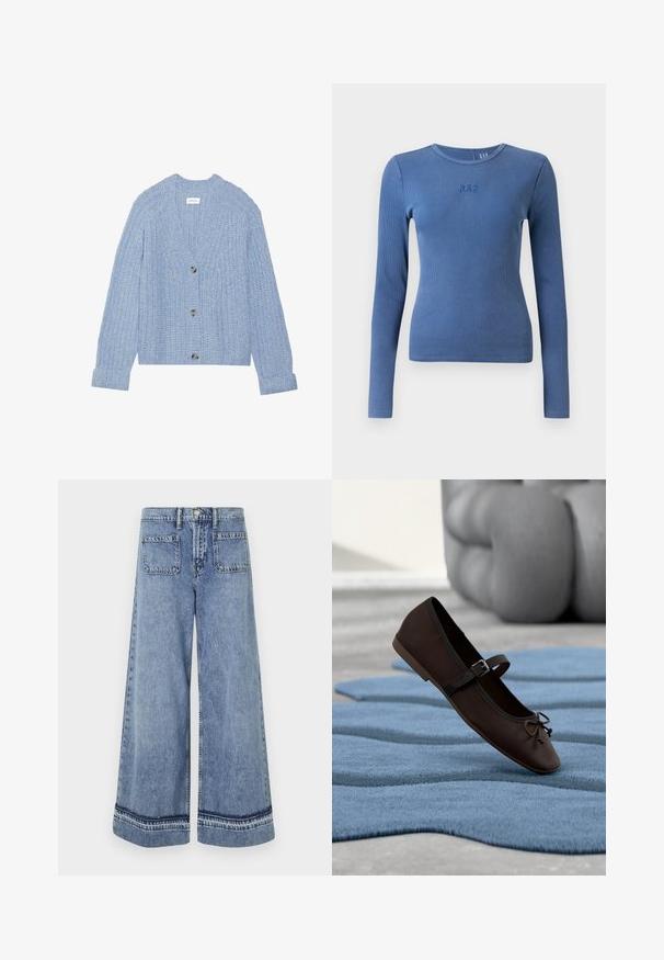 Lys blå strikket cardigan med V-udskæring, lange ærmer og fem grå knapper midt foran. Struktureret ribbet materiale.; Blå ribstrikket langærmet skjorte med rund hals, tætsiddende silhuet og lille broderet "GAP"-logo centreret på brystet.; Lysblå denim brede bukser med høj talje, to baglommer og kontrasterende syninger langs kanten.; Mørkebrun Mary Jane-flad sko med spænde og sløjfedetalje, der hviler på en bølget blå tekstureret tæppe med grå polstret sofa i baggrunden.