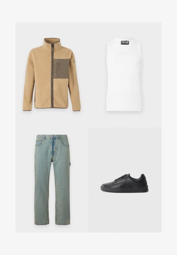 Veste en polaire beige avec poche poitrine olive, fermeture éclair sur le devant, manches longues et col montant.; Haut blanc sans manches côtelé avec étiquette Versace Jeans Couture à l'encolure et logo embossé subtil sur la poitrine.; Jean en denim bleu clair, coupe ample, avec cinq poches, une fermeture à bouton et des coutures visibles. Le tissu présente une apparence texturée et décolorée.; Chaussure de sport en cuir noir avec une finition lisse, bout arrondi, panneau latéral texturé et lacets noirs. Présente une semelle en caoutchouc plate et un design minimaliste.