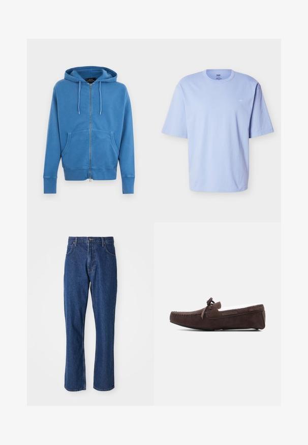Blå hættejakke med lynlås, snøre i hætten, frontlommer i kængurustil, lange ærmer samt ribkant ved ærmer og kant.; Lyseblå T-shirt med korte ærmer, rund hals, løs pasform og et diskret lille logo på venstre brystområde.; Blå denimjeans med lige ben-design, fem-lomme stil og en robust talje med metalknaplukning.; Brune ruskind moccasin hjemmesko med hvid fleecefor og snøredetalje, flad sort sål, vist i profil på en hvid baggrund.