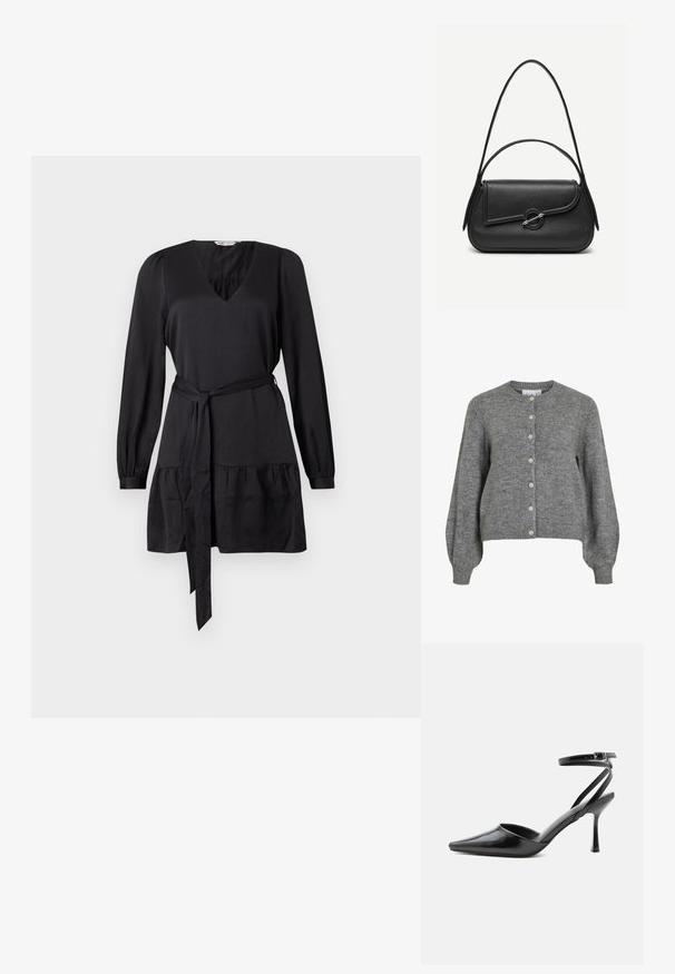 Cardigan gris de punto con cuello redondo, mangas largas abullonadas, puños y dobladillo acanalados, cierre frontal con siete botones blancos.; Vestido negro con escote en V, mangas largas y cinturón anudado. Presenta un volante fruncido en el dobladillo para mayor textura. Acabado de tela suave.; Zapato de tacón alto negro de punta fina con delgadas correas en el tobillo y cierre de hebilla plateada sobre un fondo liso claro.; Bolso de cuero negro con bordes redondeados, solapa asimétrica, cierre circular de metal y correas de hombro cortas y largas.