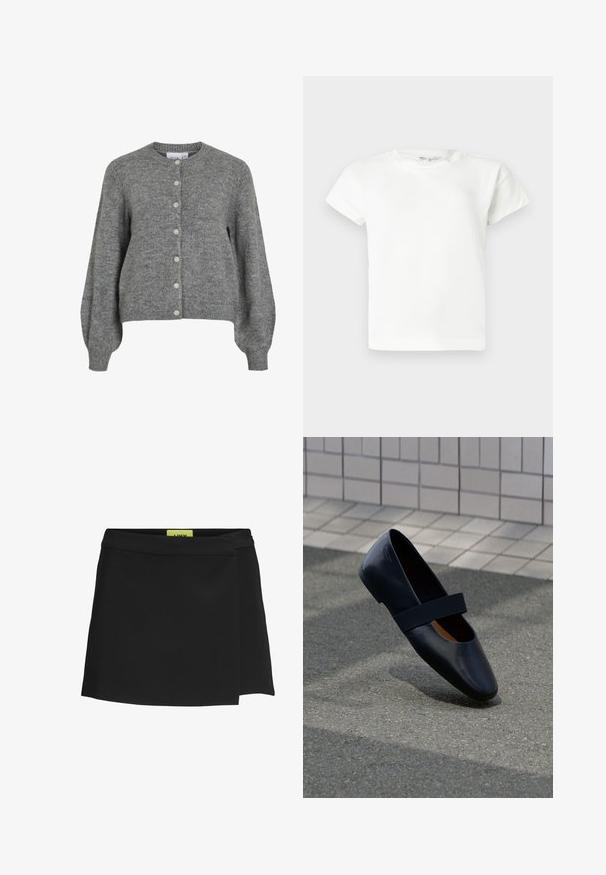 Grijze gebreide cardigan met ronde hals, lange puffmouwen, geribde manchetten en zoom, en een voor sluiting met zeven witte knopen.; Effen witte T-shirt met korte mouwen en ronde hals, met een rechte zoom, getoond op een lichtgrijze achtergrond.; Zwarte wikkelrok van gladde stof, met een hoge taille en een zijschuif. Label is zichtbaar in een contrasterende felgele kleur.; Zwarte leren platte schoen met een ronde neus, voorzien van een zachte zwarte elastische band over de wreef. Gladde textuur en minimalistisch ontwerp.