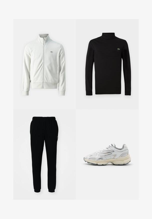 Lacoste Sweatjakke - stone; Sort langærmet turtleneck lavet af glat bomuldsstof, med et lille grønt krokodillelogo på venstre bryst.; Sorte sweatpants med elastisk talje og manchetter. Fremstillet af blødt stof med et lille logo på den øverste venstre side.; Hvide sportssko med grå detaljer, overdel i mesh og syntetiske materialer, snørebåndsdesign og tekstureret gummisål med grebemønstre.