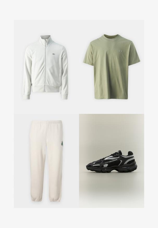 Lacoste Mikina so zipsom - stone; Olejnato zelené bavlnené tričko s okrúhlym výstrihom a krátkymi rukávmi. Má malé vyšitý logo na hrudi. Hladká textúra.; Svetlo béžové tepláky z bavlny s elastickým pásom, rebrovanými manžetami a zeleným logom s dizajnom listu na ľavej nohe.; čierne a strieborné tenisky Lacoste s vrchnou časťou z mäkkej textílie a syntetického materiálu, zaoblenou špičkou, texturovanou podrážkou a označením značky po stranách na neutrálnom pozadí.
