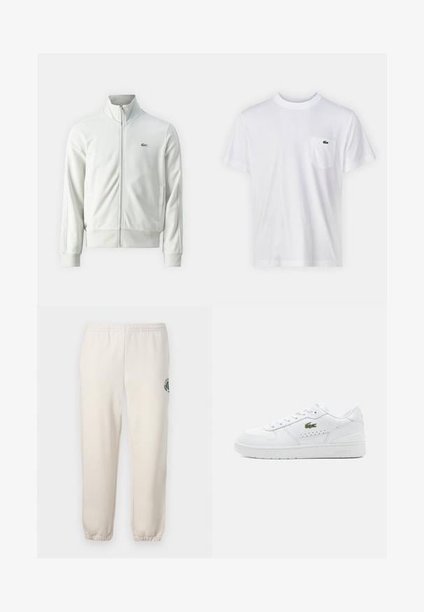 Lacoste Sweatjacke - stone; Weißes Baumwoll-T-Shirt mit Rundhalsausschnitt und kurzen Ärmeln. Verfügt über eine linke Brusttasche und ein kleines grünes Lacoste-Logo.; Helle beige Sweatpants aus Baumwolle mit einem elastischen Bund, gerippten Bündchen und einem grünen Logo mit Blattdesign am linken Bein.; Weiße Leder-Sneaker mit perforierten Akzenten, flachen Schnürsenkeln und einem kleinen grünen Logo an der Seite. Gummisohle und gepolsterter Kragen für Komfort.