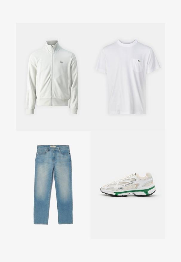 Lacoste Φούτερ με φερμουάρ - stone; Άσπρη βαμβακερή μπλούζα με στρογγυλή λαιμόκοψη και κοντά μανίκια. Διαθέτει τσέπη στο αριστερό στήθος και μικρό πράσινο λογότυπο Lacoste.; Ανοιχτό μπλε τζιν παντελόνι με ίσια γραμμή, πέντε τσέπες και ελαφρώς ξεθωριασμένο φινίρισμα. Διαθέτει ασημένια μεταλλικά στοιχεία και ετικέτα με το λογότυπο στη μέση.; Λευκό αθλητικό παπούτσι με πράσινη λεπτομέρεια και μαύρη καουτσούκ σόλα. Διαθέτει πλέγμα και συνθετικά πάνελ, με υφή και ορατές ραφές.