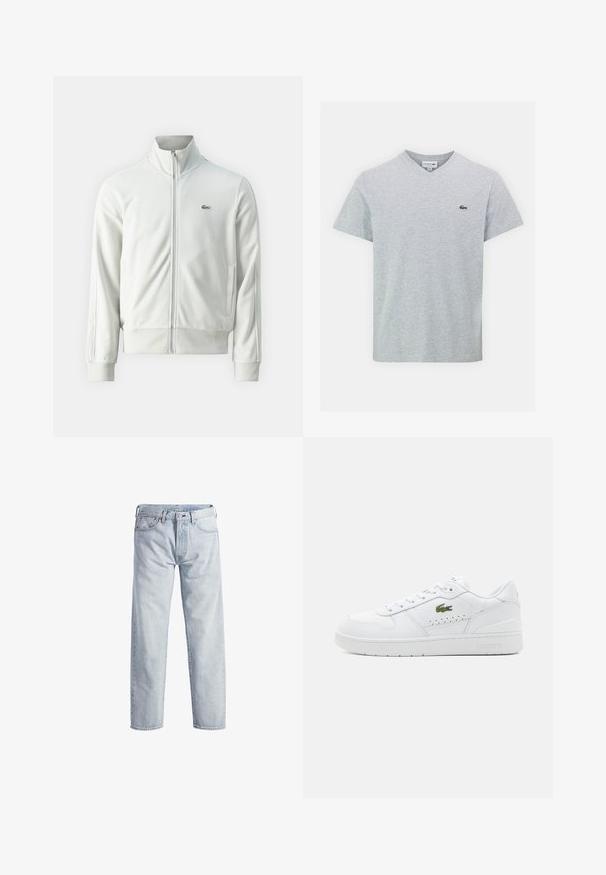Lacoste Mikina so zipsom - stone; Sivý V-krčný tričko vyrobené z mäkkého materiálu. Má krátke rukávy a malé zelené logo Lacoste na ľavej hrudi. Jednoduchý dizajn.; Svetlo modré džíny z denimu so strihom rovného nohavice, so zapínaním na gombíky, piatimi vreckami a jemným efektom blednutia. Obsahuje kovové prvky.; Biele kožené tenisky s perforovanými detailmi, plochými šnúrkami a malým zeleným logom na bokoch. Gumová podrážka a polstrovaný golier pre pohodlie.
