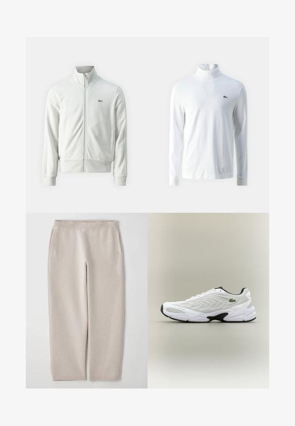Lacoste Lukuga pusa - stone; Valge pika varrukaga kõrge kaelusega särk, mis on valmistatud pehmest kangast, millel on rindkeres väike roheline broderi logo ja sobivad mansetid.; Beežid dressipüksid pehmest kangast, laia kõrge vöökoha, küljeh дых pocketsi ja kitsenevate säärtega, tagavad mugava istuvuse.; Valge sportlik king, millel on tekstureeritud võrgu pealisosa, kaardus disain ja kontrastne must tall. Külje peal on roheline tikandiga logo.