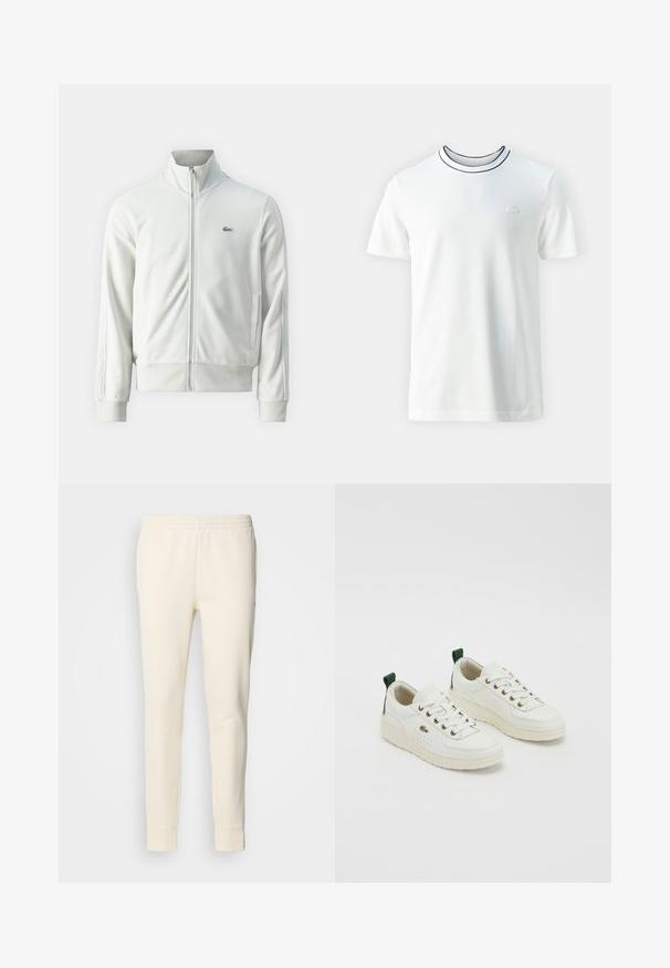 Lacoste Sweatjacke - stone; Weißes Kurzarm-T-Shirt mit Rundhalsausschnitt und marineblauen Akzenten sowie einem kleinen gestickten Logo auf der Brust. Glattes Baumwollgewebe.; Cremfarbene Sweatpants aus weichem Stoff, mit einem elastischen Taillenbund, schmal zulaufenden Beinen und Bündchen an den Knöcheln. Einfaches Design ohne Muster.; Weiße Ledersneaker mit grünen Akzenten, Schnürdesign, goldenen Ösen und strukturierten Paneelen. Dicke cremefarbene Gummisohle.