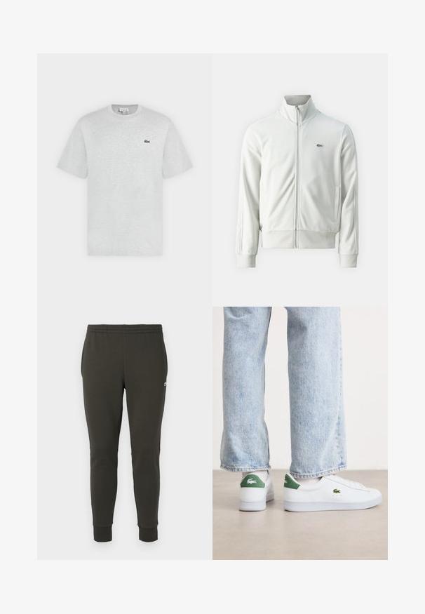 Lacoste Sweatjakke - stone; Lysegrå t-shirt med korte ærmer og rund hals med lille grønt Lacoste krokodillelogo på venstre bryst.; Mørkegrønne joggers lavet af blødt stof, med elastisk talje, ribbede manchetter og et lille logo på siden.; Hvide lædersneakers med grønne accenter på hælen og broderet logo. Glat tekstur, lavt design, parret med lyseblå jeans.