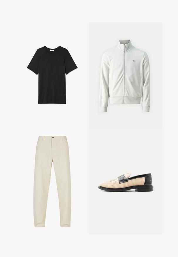 Lacoste Sweatjacke - stone; Schwarzes Baumwoll-T-Shirt mit kurzen Ärmeln, rundem Halsausschnitt und glatter Textur. Keine Muster oder Verzierungen. Einfaches und klassisches Design.; Cremefarbene Hosen aus Baumwolle mit geradem Bein. Verfügt über einen Frontknopfverschluss und Seitentaschen. Warme, glatte Textur.; Beiger gewebter Loafer mit schwarzem Lederbesatz, abgerundeter Spitze, schwarzer Sohle und dekorativem gesteppten Muster an der Oberseite.