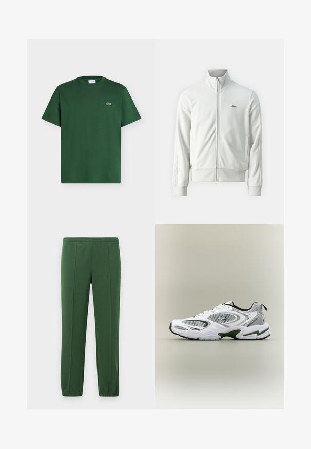 Lacoste Sweatjacke - stone; Dunkelgrünes Baumwoll-T-Shirt mit kurzen Ärmeln, Rundhalsausschnitt und kleinem Lacoste Krokodil-Logo auf der linken Brust.; Grüne Jogginghose aus weichem Material; mit Gummizugbund, schmal zulaufenden Beinen und einem kleinen Logo an der Seite.; Weiße und graue sportliche Laufschuhe mit Netzeinsätzen, grünen Akzenten, schwarzen Details und einem Logo an der Seite, von der Außenseite gezeigt.
