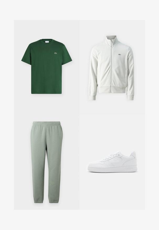 Lacoste Lukuga pusa - stone; Tume roheline lühikeste varrukatega puuvillane T-särk, ümara kaelusega ja väikese Lacoste krokodillilogoga vasakul rinnal.; Heledad rohelised dressipüksid, millel on elastne vöökoht, kitsenevad sääred ja mansettidega pahkluud. Valmistatud pehmest, kergest kangast.; Valge nahast tenniseking, millel on perforatsioonidega varvas, lame paelad ja pehmendusega krae. Omab sissepressitud logo küljel ja tekstuurset kummist talda.