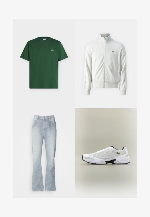 Lacoste Lukuga pusa - stone; Tume roheline lühikeste varrukatega puuvillane T-särk, ümara kaelusega ja väikese Lacoste krokodillilogoga vasakul rinnal.; Helesinised teksapüksid vertikaalsete valgete triipudega, lai sääreosa, viie taskuga stiil ja alumine äär lõpetatud lõdva äärega.; Valge sportlik king, millel on tekstureeritud võrgu pealisosa, kaardus disain ja kontrastne must tall. Külje peal on roheline tikandiga logo.