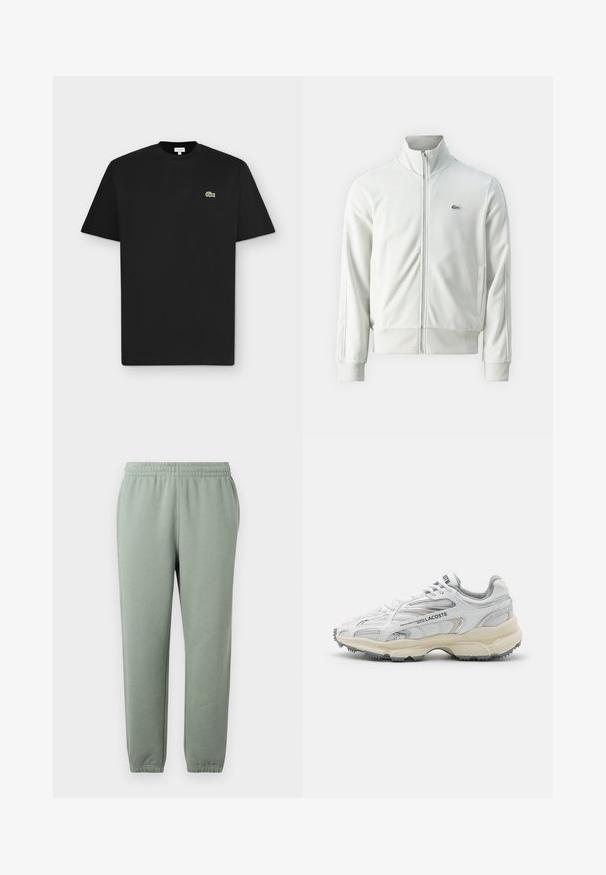 Lacoste Sweater met rits - stone; Zwarte korte mouw T-shirt met een ronde hals en een klein groen krokodillenlogo op de linkerborst op een lichtgrijze achtergrond.; Lichtgroene sweatpants met een elastische tailleband, taps toelopende pijpen en opgerolde enkelboorden. Gemaakt van zachte, lichte stof.; Witte sportieve schoenen met grijze accenten, bovenwerk van mesh en synthetisch materiaal, vetersluiting en een geprofileerde rubberen zool met looppatronen.