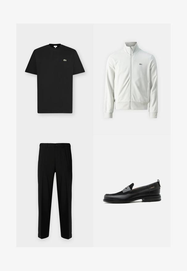 Lacoste Sweatjacke - stone; Schwarzes kurzärmliges T-Shirt mit Rundhalsausschnitt und kleinem grünem Krokodil-Logo auf der linken Brust auf hellgrauem Hintergrund.; Schwarze Hosen aus glattem Stoff, mit geradem Schnitt, zwei vorderen Taschen und einem Reißverschluss mit Knopfverschluss.; Schwarzer Lederloafer mit grauem Riemendetail, niedrigem Absatz und strukturierter Sohle, seitlich mit „HUGO“ in Gold gebrandmarkt.