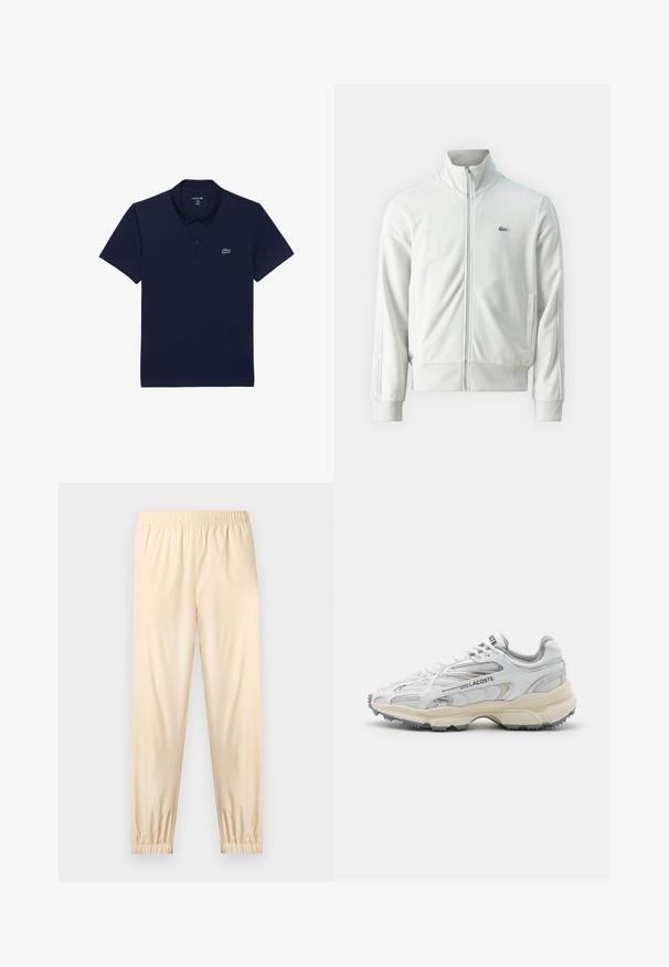 Lacoste Sweater met rits - stone; Marineblauw polo shirt van katoen; voorzien van een klassieke kraag, korte mouwen en een klein wit geborduurd logo op de linkerborst.; Lichtbeige broek met elastische taille, gerimpelde boorden, rechte pasvorm en gladde stof, weergegeven op een effen lichte achtergrond.; Witte sportieve schoenen met grijze accenten, bovenwerk van mesh en synthetisch materiaal, vetersluiting en een geprofileerde rubberen zool met looppatronen.