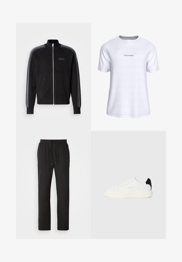 Schwarze Reißverschlussjacke mit hohem Kragen, grauen gestreiften Akzenten an den Ärmeln und einem Label vorne. Hergestellt aus einem glatten Stoff.; Weißes Kurzarm-T-Shirt mit Rundhalsausschnitt und "Calvin Klein"-Logo, das in kleinen hellgrauen Buchstaben auf der Brust gedruckt ist.; Schwarze Jogginghosen aus leichtem Stoff, mit einem elastischen Bund und verstellbaren Kordeln sowie Seitentaschen. Glatte Textur.; Weiße Ledersneaker mit einem schwarzen Akzent an der Ferse, runden Zehen, flachen Schnürsenkeln und einer dicken weißen Sohle. Calvin Klein Logo angebracht.