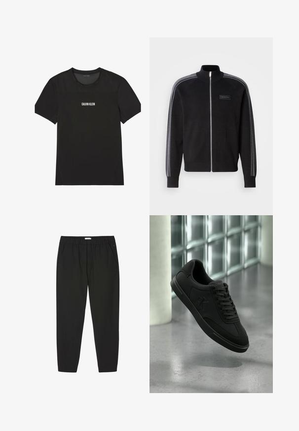 Zwarte jas met ritssluiting en hoge kraag, grijze gestreepte accenten op de mouwen en een label aan de voorkant. Gemaakt van een gladde stoftextuur.; Zwart sportief T-shirt met korte mouwen, met een mesh gedeelte op de bovenborst en schouders, met het logo "Calvin Klein" centraal op de voorkant.; Zwarte broek met elastische taille, rechte pijpen en zijzakken, ontworpen voor casual of professioneel gebruik.; Zwarte lage sneaker met veters en "CK"-logo aan de zijkant, zwevend boven een gepolijste betonnen vloer bij een glazen blokmuur.