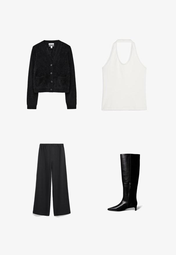 Schwarzer Cardigan aus flauschigem Material mit V-Ausschnitt, langen Ärmeln, sechs Knöpfen vorne und zwei Vordertaschen.; Weißes ärmelloses Tanktop mit rundem Ausschnitt, aus glattem Stoff, flach auf weißem Hintergrund gelegt.; Weiter Schnitt, schwarze Hose mit elastischem Bund. Hergestellt aus leichtem Stoff, mit glatter Textur und ohne sichtbare Muster oder Akzente.; Knielange schwarze Lederstiefel mit spitz zulaufender Zehe und schlankem, niedrigem Absatz. Verfügen über einen seitlichen Reißverschluss für einfaches An- und Ausziehen sowie eine glatte Oberfläche.