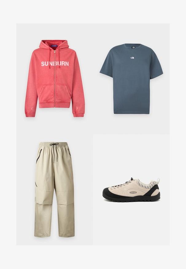 Koralfarvet pink hættetrøje med lynlås, forlommer, snøre på hætten, elastiske manchetter og hvid "SUNBURN"-tekst på brystet.; Blå T-shirt med korte ærmer og rund halsudskæring, med lille hvidt 'The North Face' logo centreret på brystet.; Beige letvægtsbukser med elastisk taljebånd, sort snøre og lynlåslommer i siderne, vist forfra på ensfarvet baggrund.; Beige ruskindsko med sort gummitåhætte og sål, med snøredesign og åndbare mesh-detaljer på hælen.