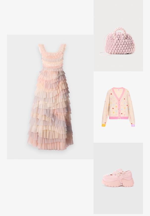 Cardigan beige avec des motifs de cœurs multicolores, bordure rose et cinq boutons. Texture douce avec des poignets côtelés en jaune et lilas.; Robe maxi à plusieurs couches avec des teintes douces de rose, crème et volants en tulle lilas, tissu texturé et décolleté arrondi.; Bottines chunky à plateforme rose avec des boucles en forme de cœur double, un bord en dentelle et une semelle épaisse sculptée sur un fond blanc uni.; Sac à main en pompon rose texturé avec une poignée tressée et une fine sangle. Forme ronde, surface douce, design compact.