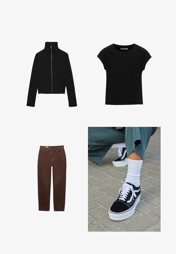 Zwart cropped jack met lange mouwen, een hoge kraag en een zilveren rits over de hele voorkant, afgebeeld op een witte achtergrond.; Zwart T-shirt met korte mouwen en een ronde halslijn. Gemaakt van soepel, rekbaar katoenen stof. Eenvoudig ontwerp zonder patronen of afbeeldingen.; Bruine jeans met rechte pijpen, voorzien van een voorste knoop- en ritsluiting, en een ontwerp met vijf zakken op een witte achtergrond.; Zwarte suède sneaker met witte accenten en veters, uitgerust met een dikke witte zool en contrasterende stiksels, gecombineerd met een witte sok.