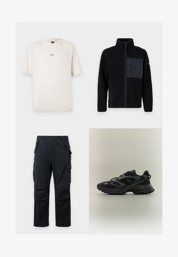 Schwarze Fleecejacke mit Stehkragen, durchgehendem Reißverschluss und einer linken Brusttasche aus glattem Material. Strukturiert mit weichem Oberflächenstoff.; Oakley RISE TEE - T-Shirt basic - mist; Schwarze Cargo-Hosen aus strapazierfähigem Material, mit mehreren seitlichen Taschen, geradem Bein und einem Knopfverschluss an der Taille.; Schwarzer Sportschuh mit Netz панели, einer strukturierten Sohle, Schnürsenkeln und einer geschwungenen Silhouette mit silbernen Akzenten an den Seiten.