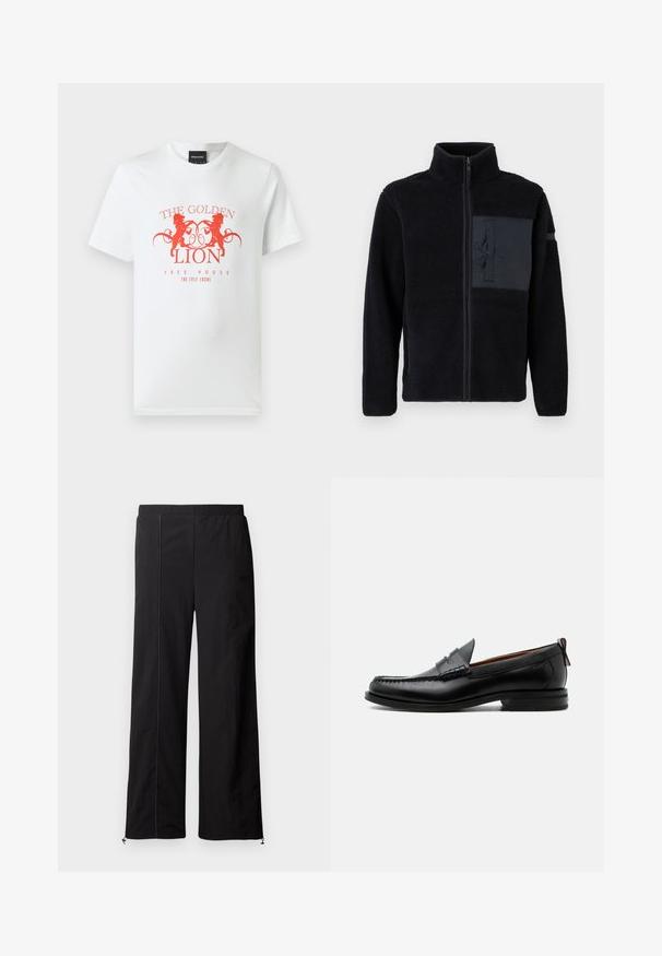 Chaqueta de forro polar negra con cuello alto, cierre frontal con cremallera y bolsillo en el pecho izquierdo en material liso. Tejido texturizado con superficie suave.; Camiseta de algodón blanca con un estampado gráfico rojo de dos leones y el texto "THE GOLDEN LION FREE HOUSE" en un diseño circular. Mangas cortas.; Pantalones anchos negros de tela suave, con cintura elástica y cierres ajustables en los tobillos. Presenta detalles de costura en contraste.; Mocasín de hombre de piel negra con costura moc toe, tira penny, cuello texturizado y tacón bajo apilado sobre fondo blanco.