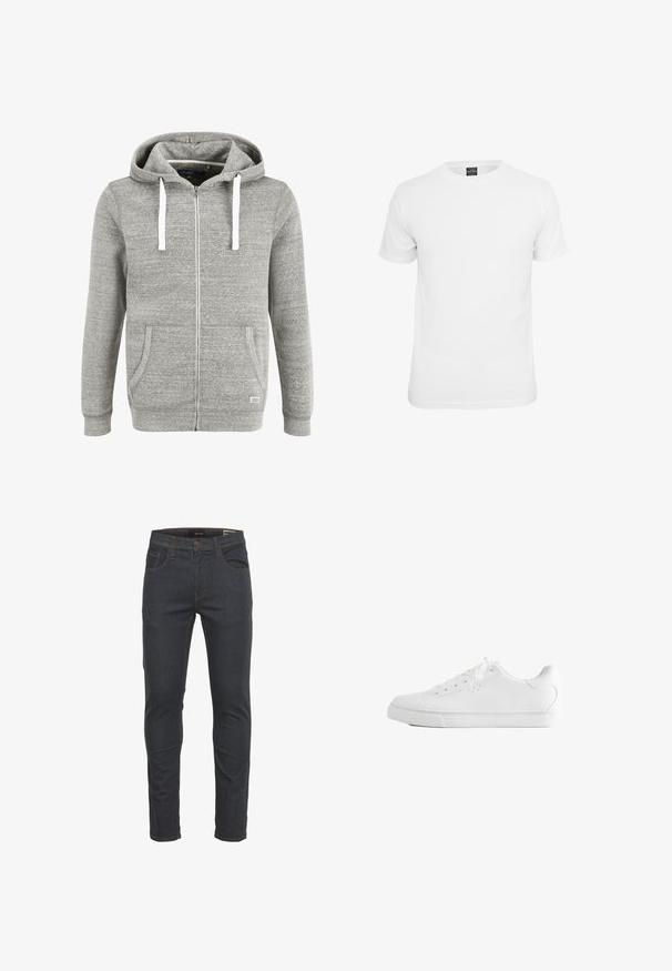 Grauer Reißverschluss-Hoodie aus weichem Stoff, mit Kängurutasche, weißen Kordeln und gerippten Bündchen. Glatte Textur mit dezenten Einsprengseln.; Weißes T-Shirt mit kurzen Ärmeln, aus Baumwolle, mit Rundhalsausschnitt und glatter Textur, entworfen für lässige Kleidung.; Dunkelblaue Denim-Jeans mit schmaler Passform, fünf Taschen, Knopf- und Reißverschluss und kontrastierendem Nähen. Glatte Textur.; Weißer Low-Top-Sneaker mit Schnürsenkeln, glattem Lederobermaterial und flacher Gummisohle, seitlich auf weißem Hintergrund gezeigt.