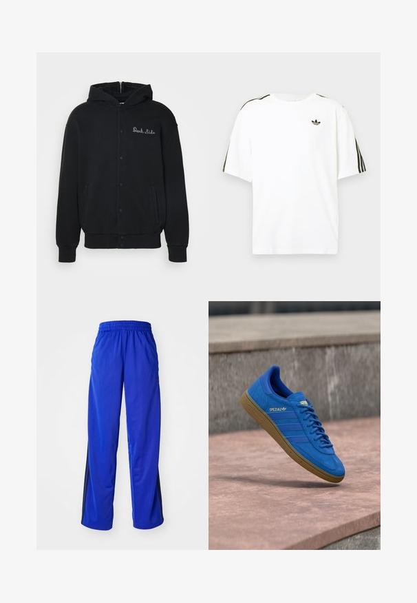 Zwarte hoodie van zacht materiaal, met een voorste drukknoopsluiting en zijzakken. Geborduurde tekst "Dark Side" op de borst.; Witte katoenen t-shirt met korte mouwen, voorzien van zwarte drie-strepen accenten op de schouders en een klein zwart logo op de borst.; Blauwe sportbroek met een elastische tailleband, voorzien van zwarte zijstrepen, losse fit en een gladde textuur.; Blauwe Adidas Spezial sneaker met rubberen zool, veters geknoopt, hangend boven een glad stenen oppervlak nabij een grijze betonnen muur.