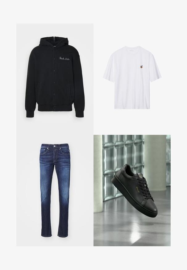 Sort hættejakke lavet af blødt stof, med trykknaplukning foran og sidelommer. Broderet "Dark Side" tekst på brystet.; Hvid bomulds t-shirt med korte ærmer, der har et lille broderet design af palmer i en krukke på venstre brystområde.; Mørkeblå denimjeans med lige ben, der har fem lommer, knaplukning og diskret blegeteffekt langs lårene.; Sort læder-sneaker med sorte snørebånd og gyldent GANT-logo, der svæver indendørs på en poleret betongulv nær en væg af glasblokke.