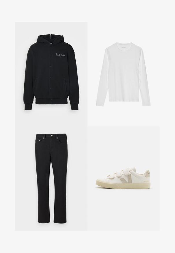 Haut à capuche noir en tissu doux, avec une fermeture à boutons-pression à l'avant et des poches latérales. Texte "Dark Side" brodé sur la poitrine.; T-shirt blanc à manches longues en coton doux, avec un col rond et une texture lisse sans motifs ni accents visibles.; Jean en denim noir avec une coupe droite, comportant cinq poches et des accessoires en métal argenté, avec une texture lisse. Sans motifs ni accents.; Baskets en cuir blanc avec des bandes Velcro, accents beiges, bout arrondi, semelle en caoutchouc texturé et logo embossé. Design minimaliste.
