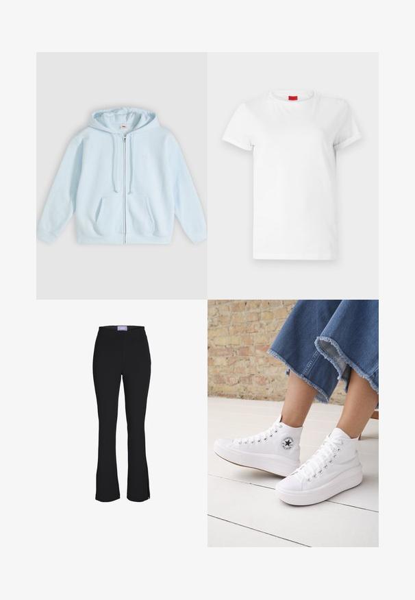 Lyseblå hættetrøje med lynlås lavet af blødt stof, med en forlommer foran, snøre i hætten og diskret logodetalje på brystet.; Hvid kortærmet t-shirt lavet af letvægts bomuld. Har en rund halsudskæring og rullede ærmer. Rød logoetiket på kraven.; Sorte bukser med høj talje og vidde forneden med små sideslids ved bunden og et lilla mærke i taljen.; Person iført hvide høje Converse-sneakers med tykke såler og beskårne blå jeans med flossede kanter mod en murstensvæg og hvidt gulv.