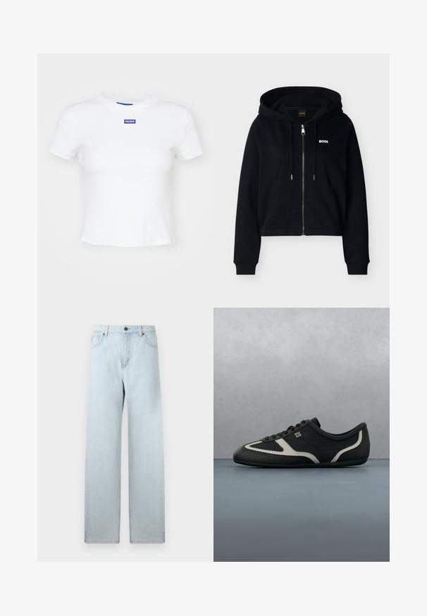 Zwarte zip-up hoodie met voorzakken, verstelbare capuchon met trekkoord, geribbelde manchetten en een klein wit "BOSS"-logo op de borst.; Witte katoenen t-shirt met korte mouwen, ronde halslijn en een blauwe rechthoekige logo patch met de tekst "HUGO" op het midden voor.; Lichtblauwe wijde spijkerbroek met hoge taille, voorzakken en knoopsluiting. Britse denimtextuur, minimale vervaging, rechte pijpdesign.; Zwarte sneaker met een bovenwerk van gestructureerd leer, contrasterende grijze accenten, een ronde neus en een vlakke zool. Voorzien van veters en een merklogo aan de zijkant.