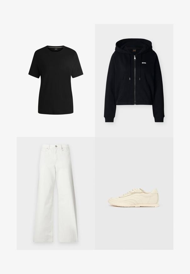 Sudadera negra con cremallera frontal, bolsillos delanteros, capucha ajustable con cordón, puños acanalados y pequeño logo blanco "BOSS" en el pecho.; Camiseta negra de manga corta hecha de suave algodón, con cuello redondo y una textura lisa. Diseño simple sin patrones ni acentos.; Vaqueros blancos de tiro alto y pernera ancha con cierre de botones delanteros, trabillas para cinturón y bolsillos delanteros sobre un fondo liso.; Zapatilla de perfil bajo color crema con costuras onduladas, cierre de cordones y suela acanalada, mostrada de lado sobre un fondo liso.