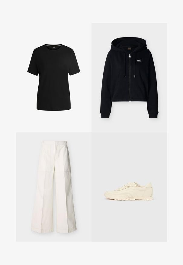 Zwarte zip-up hoodie met voorzakken, verstelbare capuchon met trekkoord, geribbelde manchetten en een klein wit "BOSS"-logo op de borst.; Zwart t-shirt met korte mouwen, gemaakt van zachte katoen, met een ronde hals en een gladde textuur. Eenvoudig ontwerp zonder patronen of accenten.; Wijdvallende broek van witte katoen, met steekzakken aan de voorkant en gedetailleerde stiksels. Gladde textuur met een strak, minimalistisch ontwerp.; Low-profile sneaker in crèmekleur met golvende stiksels, vetersluiting en een geribbelde zool, zijaanzicht tegen een effen achtergrond.