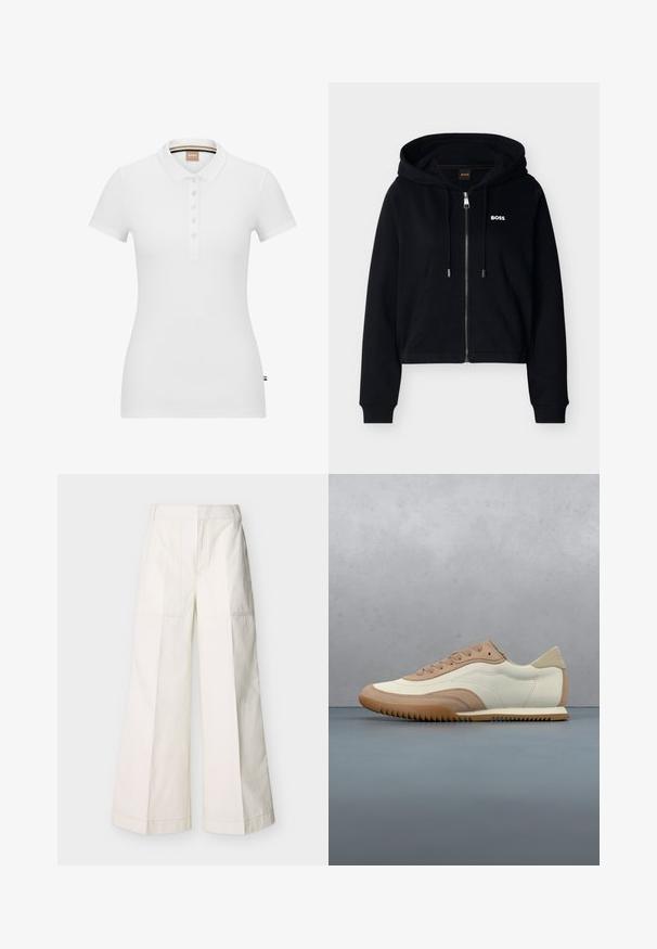 Zwarte zip-up hoodie met voorzakken, verstelbare capuchon met trekkoord, geribbelde manchetten en een klein wit "BOSS"-logo op de borst.; Witte polo shirt van katoen, met korte mouwen, een kraag en een knoopsluiting. Subtiel merkembleem geborduurd op de borst.; Wijdvallende broek van witte katoen, met steekzakken aan de voorkant en gedetailleerde stiksels. Gladde textuur met een strak, minimalistisch ontwerp.; Crème- en beige sneaker met een textuur bovenwerk, veters en een rubberen zool, gepresenteerd boven een houten oppervlak met kiezelstenen.