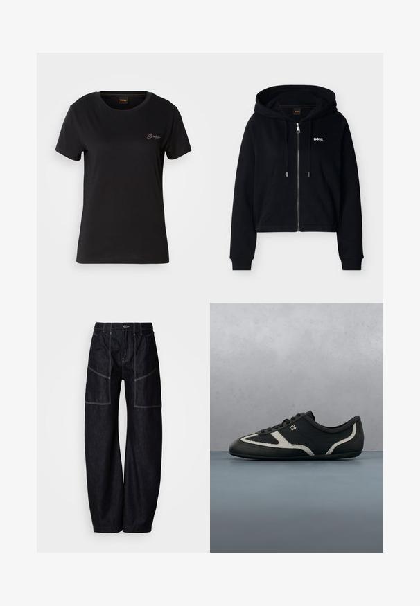 Zwarte zip-up hoodie met voorzakken, verstelbare capuchon met trekkoord, geribbelde manchetten en een klein wit "BOSS"-logo op de borst.; Zwarte korte mouwen t-shirt met een ronde hals, voorzien van een klein ton-sur-ton geborduurd logo op de linkerborst. Glad stofoppervlak.; Donkere denim wijde broek met meerdere voorzakken, contrasterende stiksels en een knoopsluiting in de taille. Glad oppervlak en casual ontwerp.; Zwarte sneaker met een bovenwerk van gestructureerd leer, contrasterende grijze accenten, een ronde neus en een vlakke zool. Voorzien van veters en een merklogo aan de zijkant.