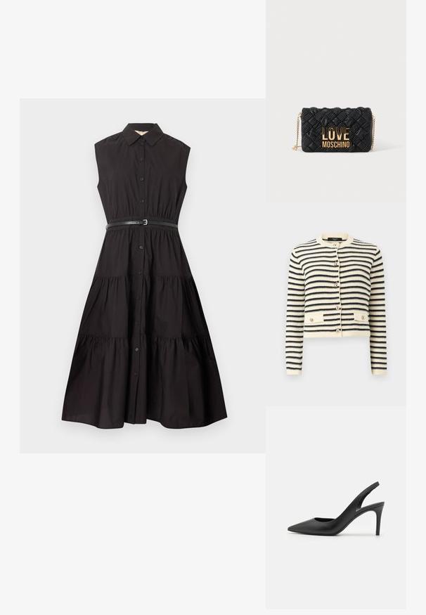 Cardigan en maille rayé crème et noir avec manches longues, encolure ronde, boutons sur le devant, et deux poches à bouton à la taille.; Robe midi noire sans manches avec fermeture à boutons sur le devant, jupe à volants, col pointu et ceinture noire fine à la taille.; Escarpins à talon aiguille en cuir noir, avec un design à bout pointu, présentant une découpure à l'avant et un talon fin.; Sac bandoulière matelassé noir avec bandoulière chaîne dorée et grand logo doré "LOVE MOSCHINO" sur le devant.