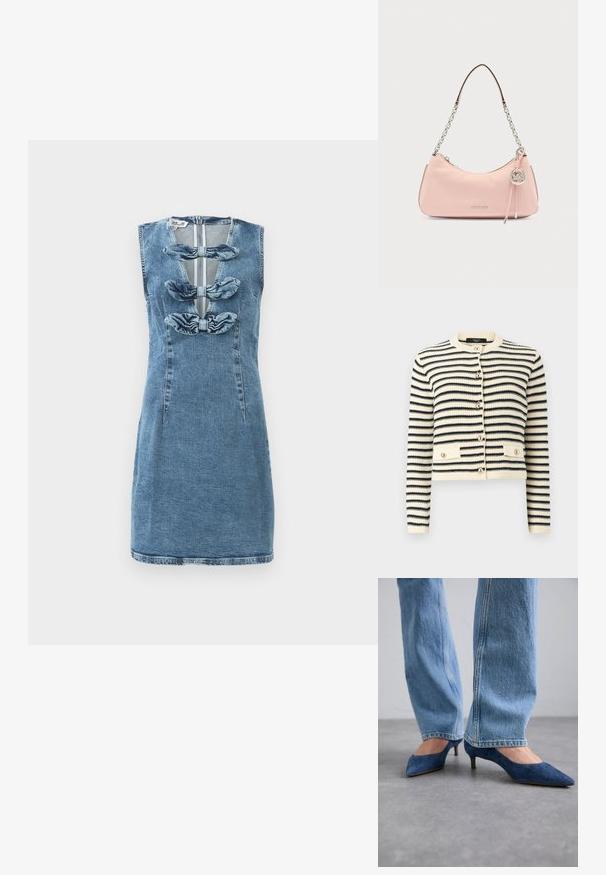 Kreemikas-must triibuline kootud kampsun pika varruka, ümar kaeluse, eest nööbitavate nuppude ja kahe nööbitava taskuga vöökohal.; Denimkleit, mille kitsas siluett, helesinine värv, ilma varrukateta disain, esitasapinnale on lisatud kolm kangast paela.; Sinised sametist kitten-kandjalised kingad terava ninaga ja madala kontsaga, kätkedes helesiniseid sirge säärega teksapükse.; Heleroosa nahast õlakott hõbedase kettrihmaga ning Michael Korsi logo ripatsiga ees oleva tõmblukukeelel.