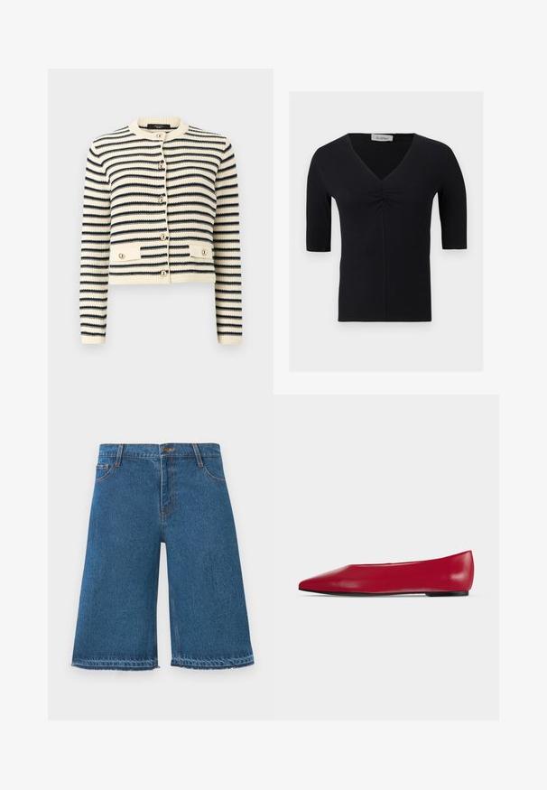 Strikket cardigan med creme- og sortstriber, lange ærmer, rund halsudskæring, knapper foran og to knap-lommer ved taljen.; Sort kortærmet top med V-hals og rynkeeffekt i midten foran, lavet af ribstrikket stof, vist på ensfarvet baggrund.; Blå denim shorts til knæene med frynset kant, frontknap og lommer på en ensfarvet hvid baggrund.; Rød læderflad sko med spids tå, sort sål og lav hæl, vist i profil på en ensfarvet lys baggrund.
