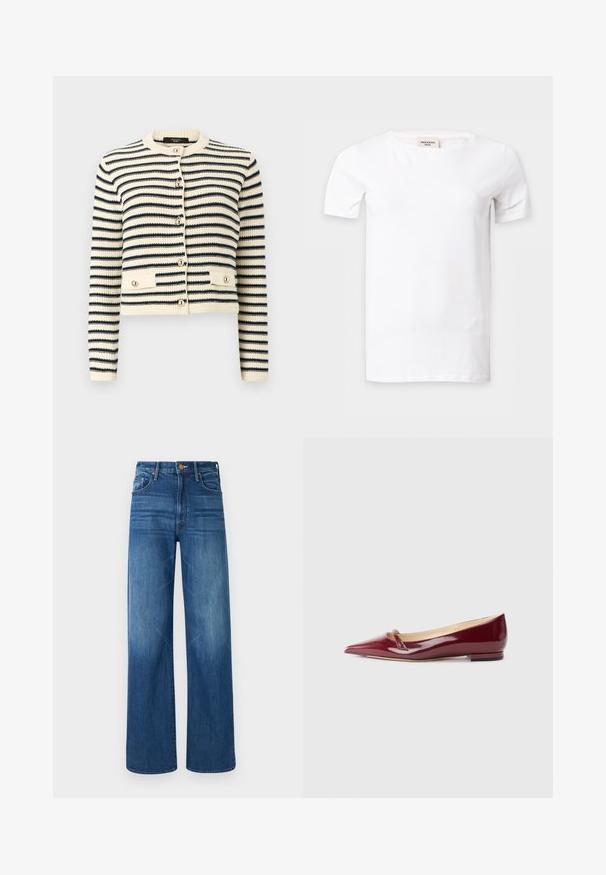 Strikket cardigan med creme- og sortstriber, lange ærmer, rund halsudskæring, knapper foran og to knap-lommer ved taljen.; En simpel hvid T-shirt med korte ærmer og rund hals, vist mod en lysegrå baggrund.; Mother THE LASSO SNEAK - Jeans Relaxed Fit - dark blue denim; Bordeaux patenteret læderballerinaer med spids tå, der har en lille udskæring og en lav hæl. Glat tekstur og elegant design.