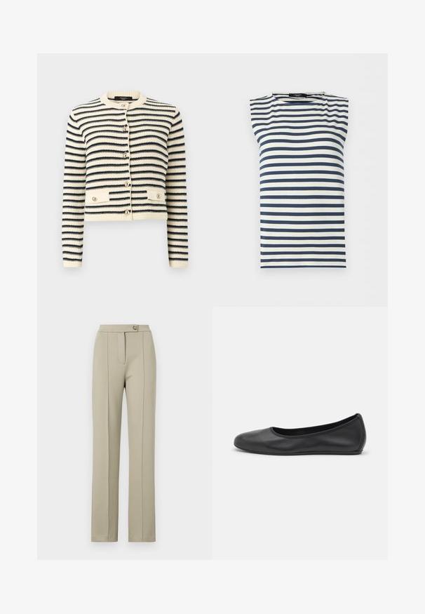 Strikket cardigan med creme- og sortstriber, lange ærmer, rund halsudskæring, knapper foran og to knap-lommer ved taljen.; Ærmeløs top med navyblå og hvide vandrette striber og rund halsudskæring på ensfarvet baggrund.; Beige skræddersyede bukser med lige pasform, der har en frontlynlås, en enkelt knaplukning og diskrete pressede folder ned ad frontbenene.; Sort læderballetsko med rund tå, glat tekstur, minimal syning og et fleksibelt såldesign.
