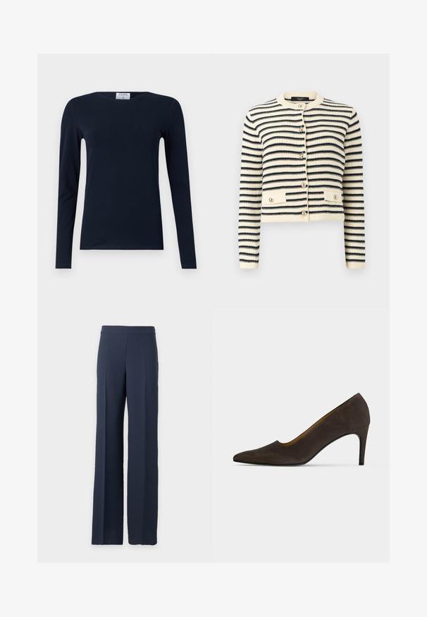 Cardigan de punto a rayas crema y negro con mangas largas, escote redondo, botones frontales y dos bolsillos con botones en la cintura.; Camiseta de manga larga en color navy, hecha de algodón suave. Presenta un cuello redondo, un ajuste slim y un bajo regular sin patrones ni acentos visibles.; Pantalones de pierna ancha azul marino con cintura alta y frente limpio, mostrados sobre un fondo gris claro liso.; Zapato de tacón alto marrón oscuro con punta afilada, acabado liso y tacón delgado sobre un fondo claro y liso.