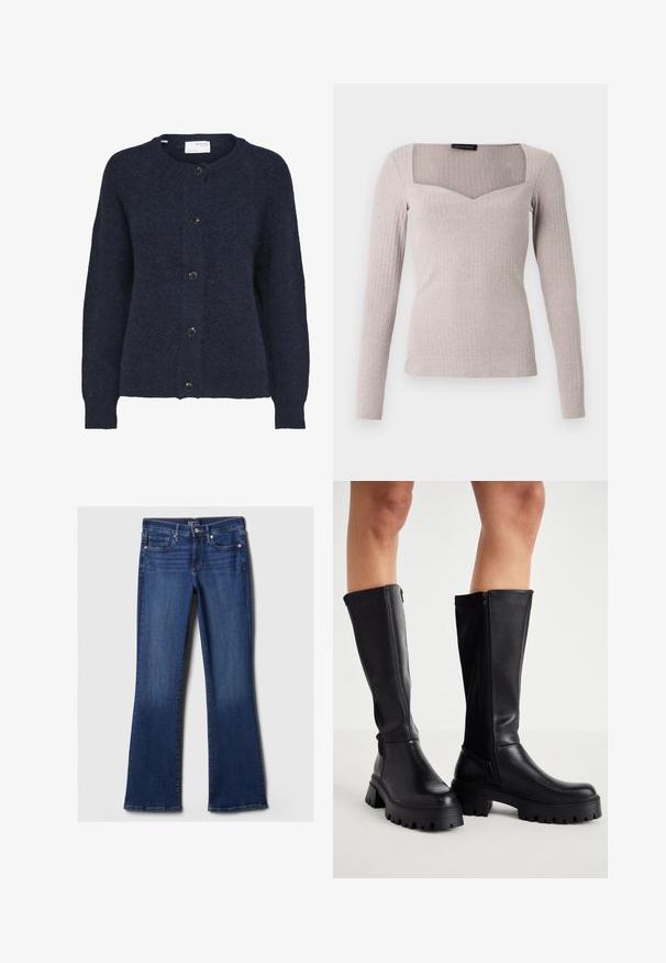 Cardigan en maille bleu marine avec manches longues et cinq boutons noirs sur le devant, avec un col rond.; Haut à manches longues en tissu côtelé gris clair, avec un décolleté carré à avant en V, coupe ajustée et texture lisse.; Jean évasés en denim bleu foncé avec cinq poches, un zip à bouton et des détails de couture le long de la taille et des poches. Texture lisse.; Cuissardes noires en simili cuir lisse avec une semelle épaisse, fermeture éclair sur le côté et bout arrondi.