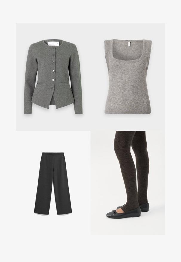 Grijze gebreide cardigan met een ronde halslijn, sluiting met knopen aan de voorkant, twee zijzakken en een getailleerd ontwerp.; Grijs mouwloos geribd tanktop met een vierkante halslijn en een aansluitend silhouet, met een gladde textuur en lichte rekbaarheid.; Wijde pijpen in donkergrijs, gemaakt van zachte stof, met een elastische tailleband en zijzakken voor functionaliteit.; Benen met donkere geribbelde leggings gecombineerd met zwarte ballerina's met kleine strikdetails op een witte achtergrond.